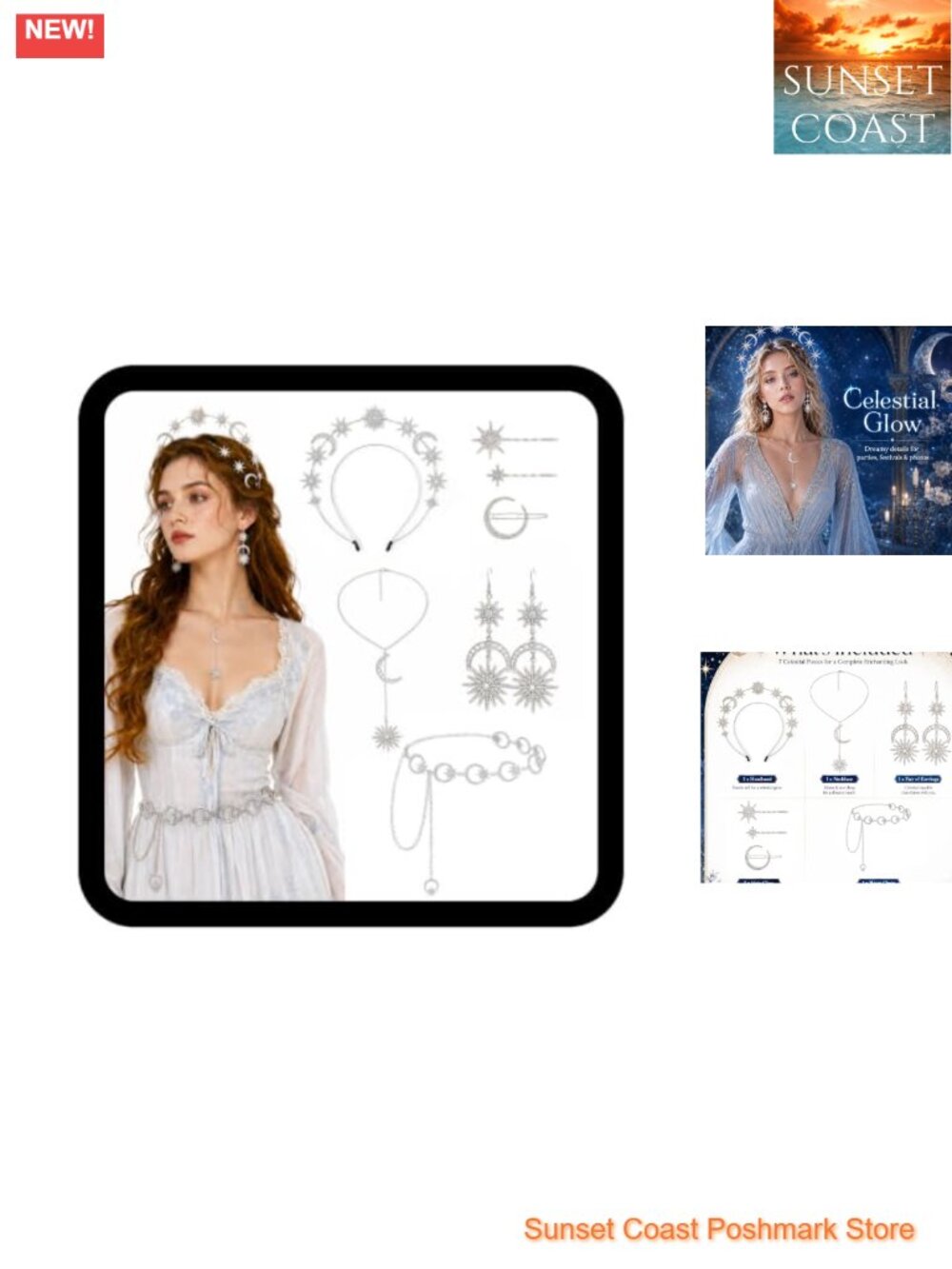 Celestial Jewelry Set 8pc Moon Star Necklace Earrings Headband Waist Chain